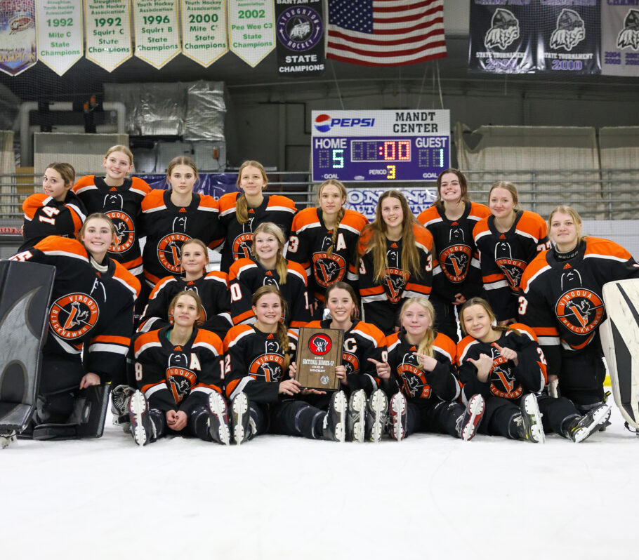 Girls Hockey. Picture showing Cashton team posing for photo with 2023 Sectional Runner-Up plack.