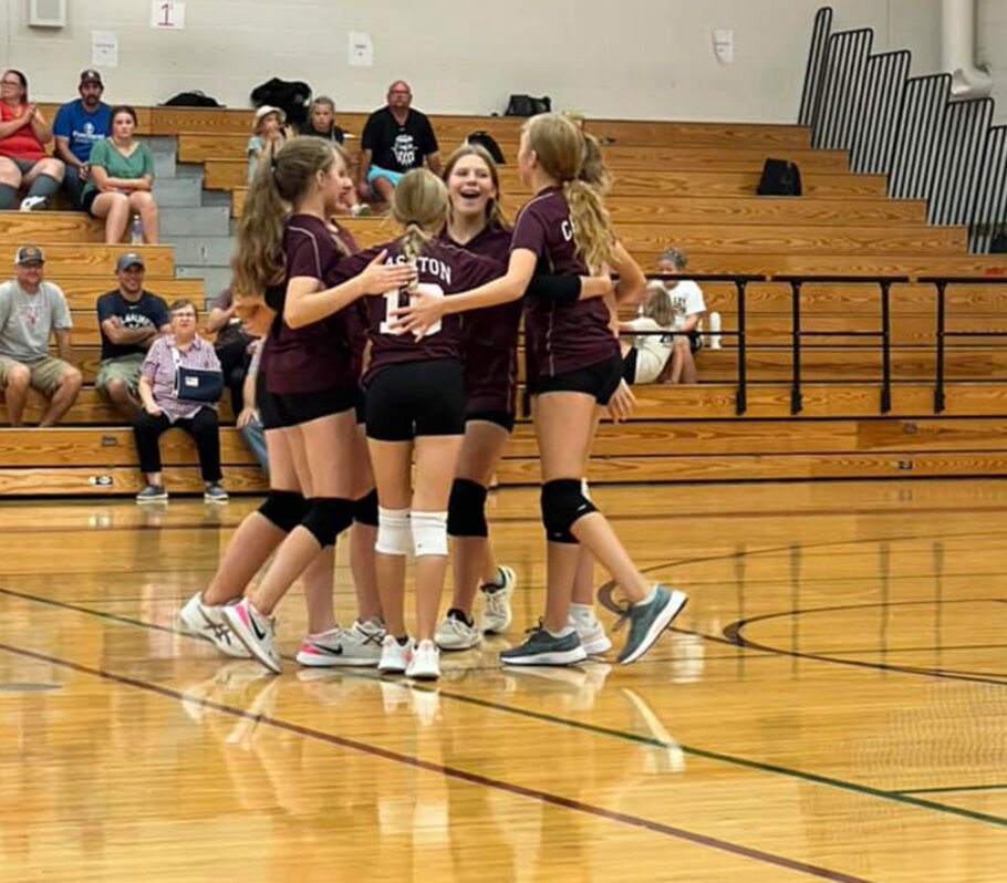 Youth girls Volleyball. Image of team celebrating during game.
