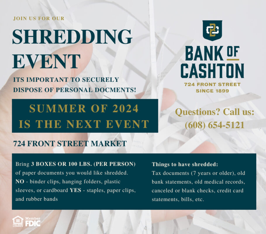 Bank of Cashton Shredding Event. Image of body copy detailing said event.