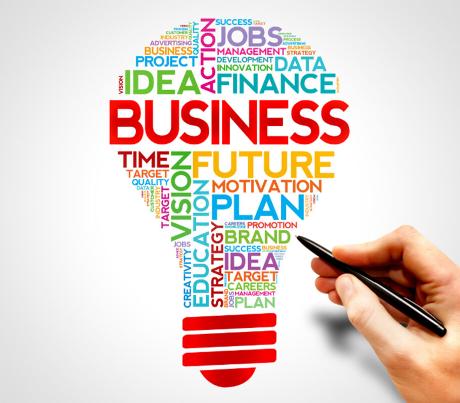 Business-themed word graphic making the shape of a lightbulb.
