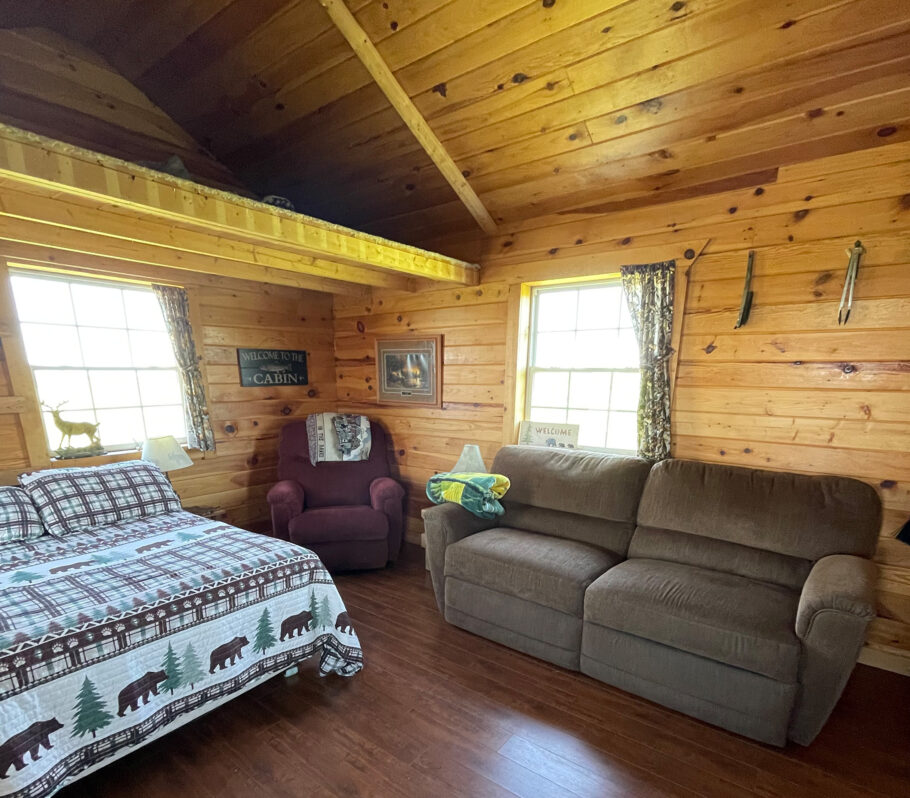 Interior of wood cabin showing sitting area.