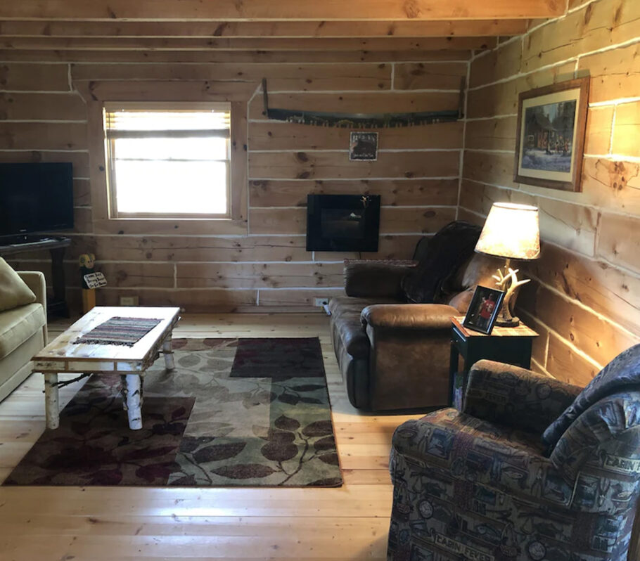 Airbnb lodging in Vernon County. Picture showing interior of wood cabin living room.